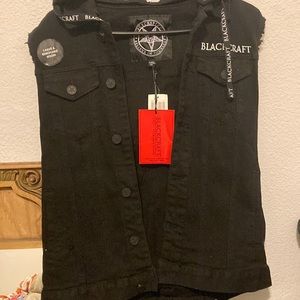 Blackcraft brand Black Medium denim vest with removable hood!